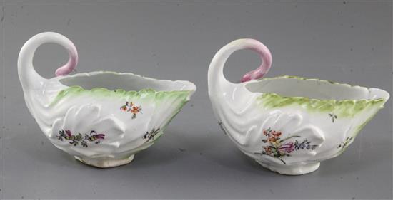 A pair of Derby leaf-moulded small sauceboats, c.1756-9, l. 12.5cm, firing faults